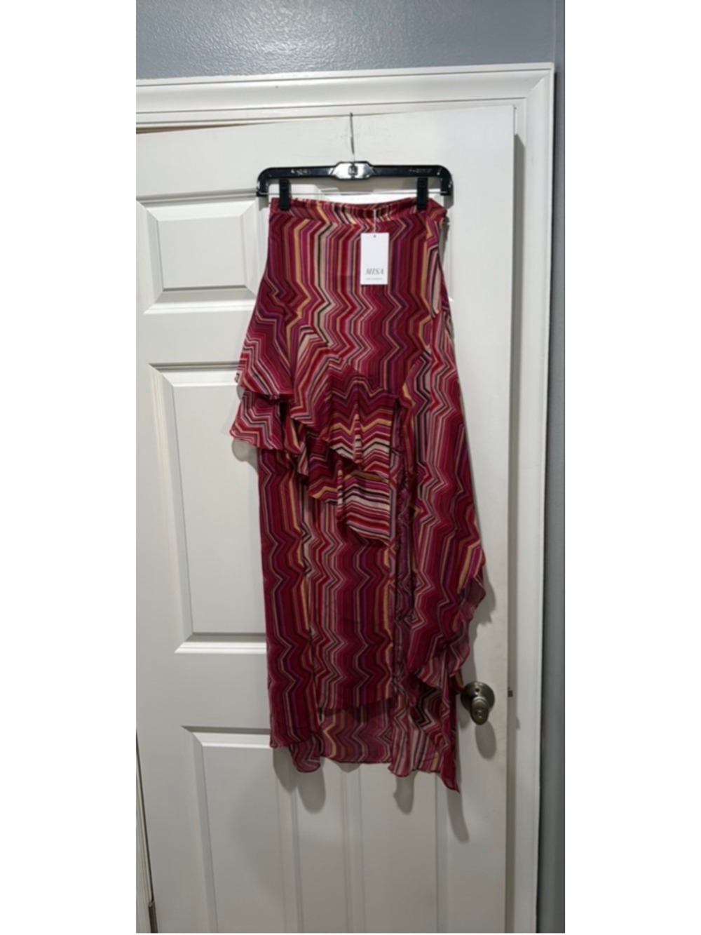 Women's MISA Los Angeles Asymmetrical Skirt XS Red Pink Striped